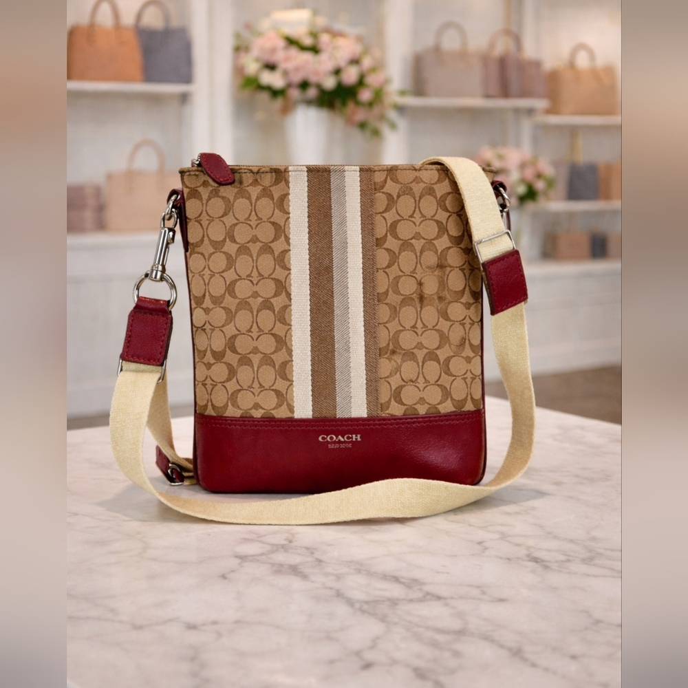 Coach Legacy Khaki Brown Cherry Red Signature Swingpack Crossbody Shoulder Bag